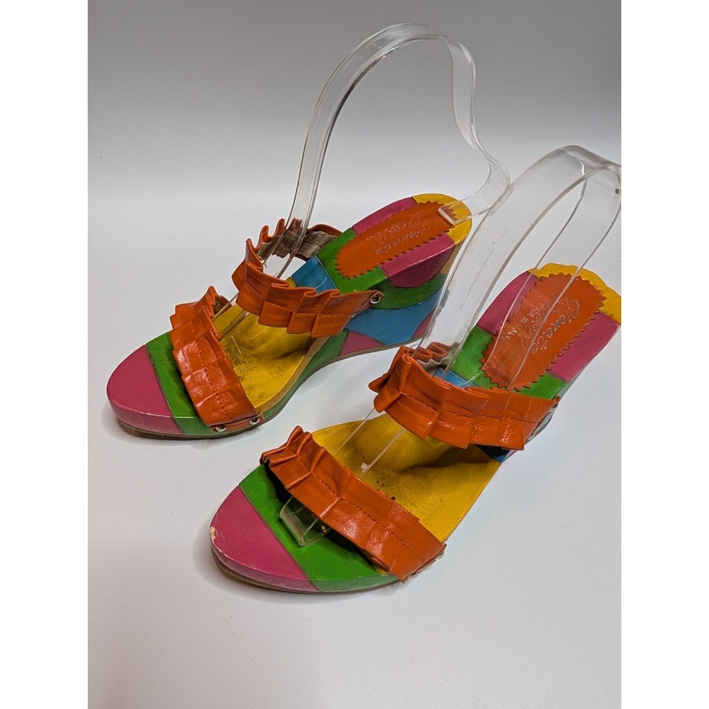Gionata Dardi Wooden Wedge Sandals Womens Size 9 Multicolor Rainbow Slip On Art‎